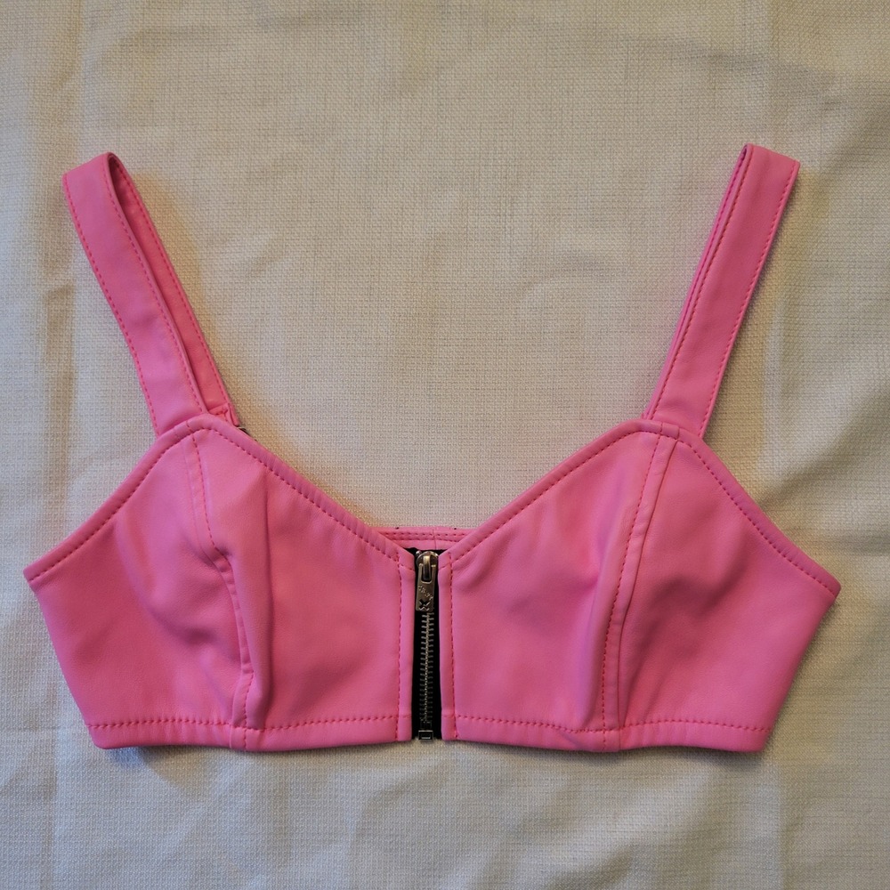 Tripp NYC XS Bra Crop Top Pink Pleather Front Zip Daang Goodman Y2K Cyber Punk